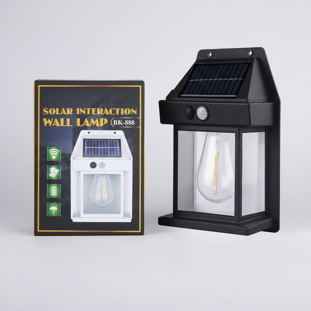 Solar wall lamp with packaging on a blue gradient background