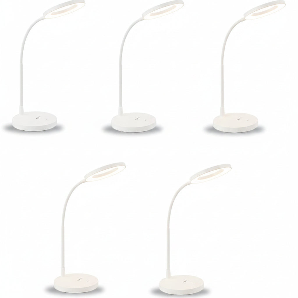 Set of five white desk lamps with flexible necks on a white background