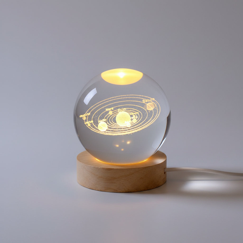 Crystal ball with solar system design on a wooden base, glowing softly.
