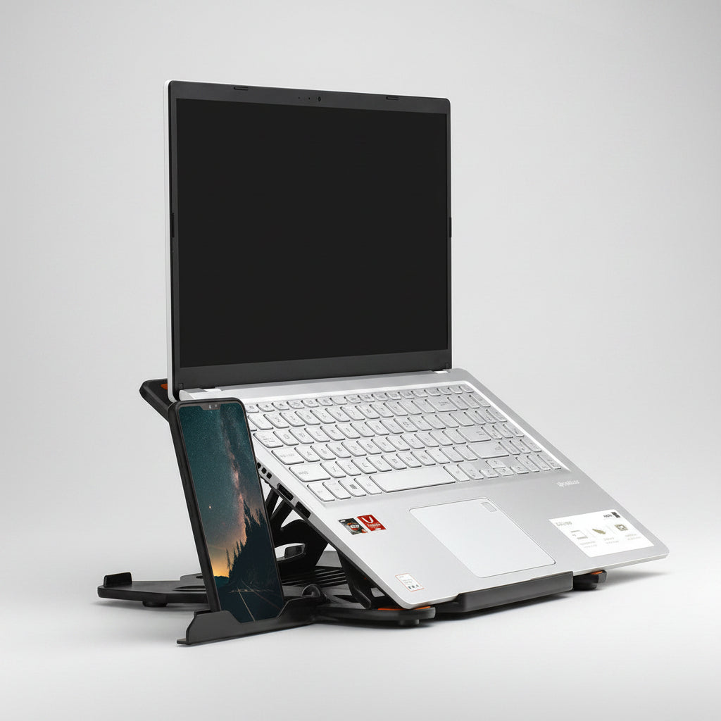 Laptop on a stand with a phone on top, displaying a screen with text.