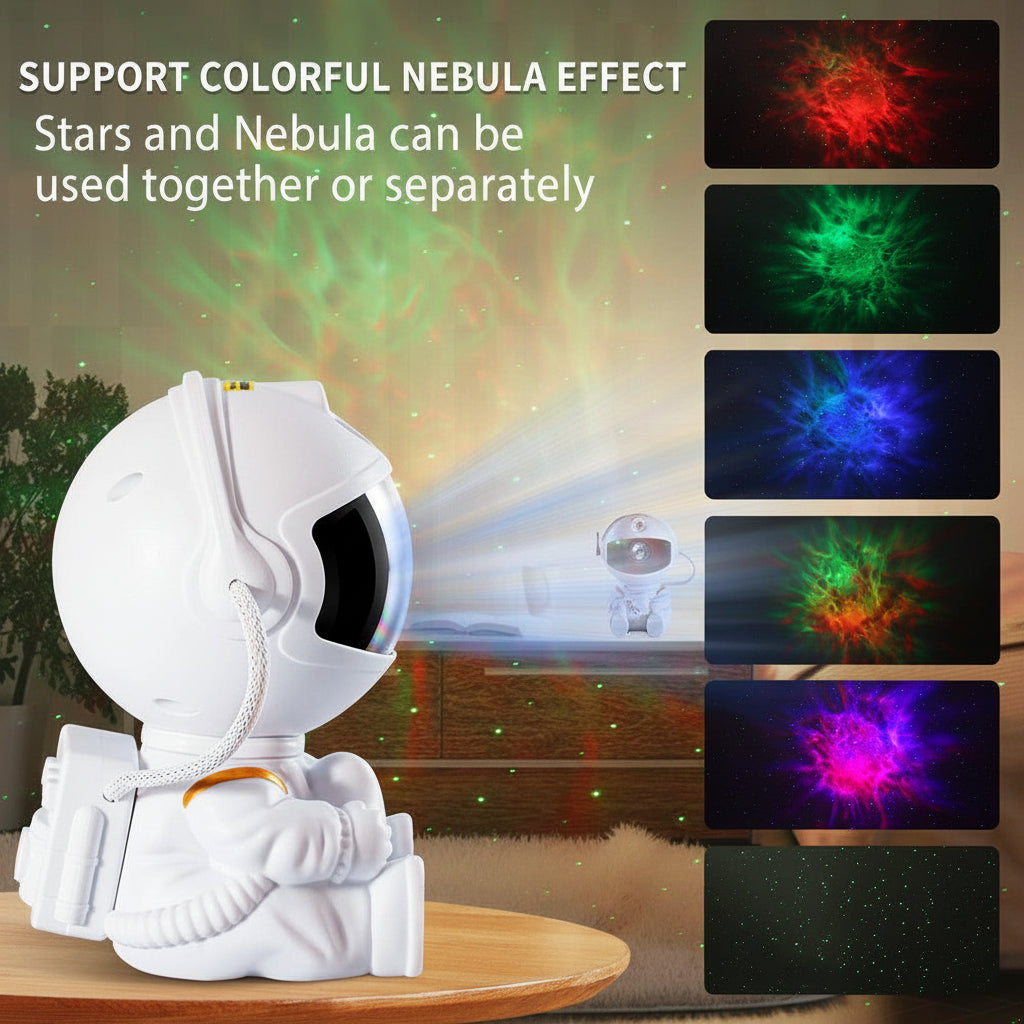 A white astronaut figure with a star and nebula projector, displaying colorful nebula effects.